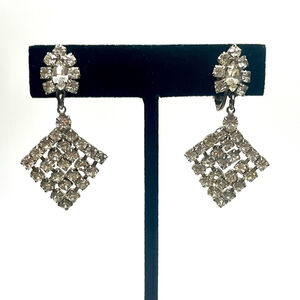 Elegant Silver Drop Earrings. Clip on, sparkly dangle, rhinestone crystal.